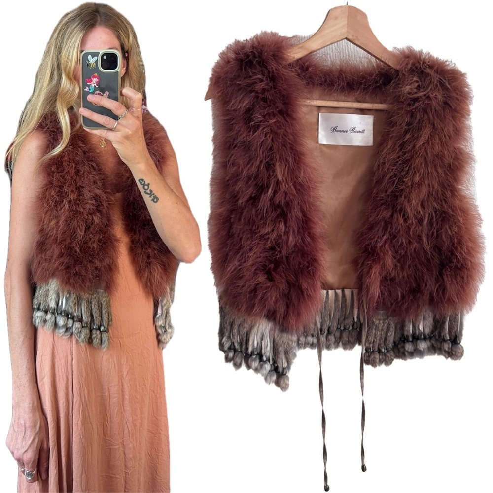 Vintage Ostrich Feather Rabbit Fur Beaded Tassel Festival Boho Gilet Vest
